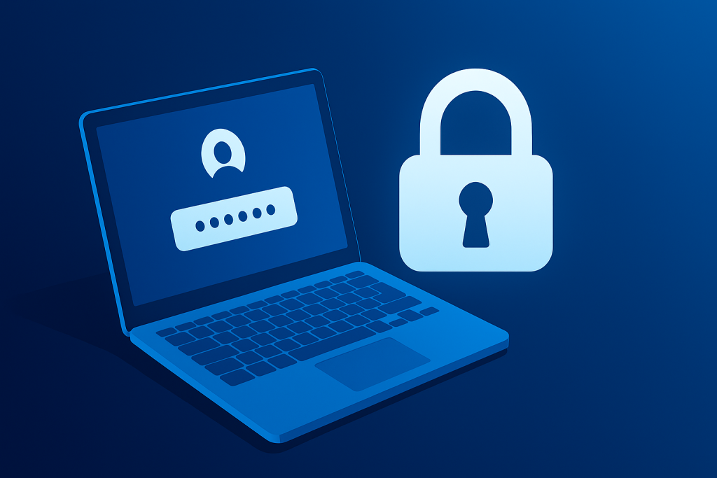 Laptop with digital padlock symbol representing Windows passkey security.