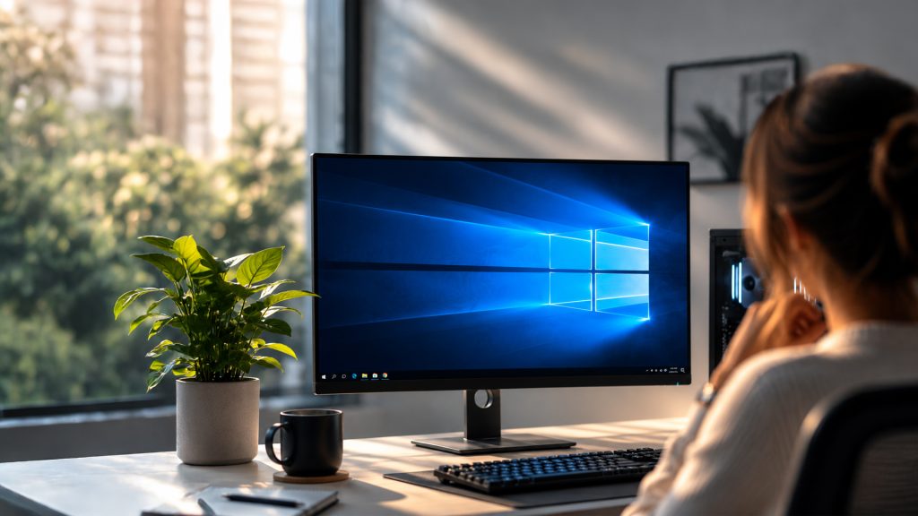 Employee using a Windows 10 desktop PC while working at an office desk.