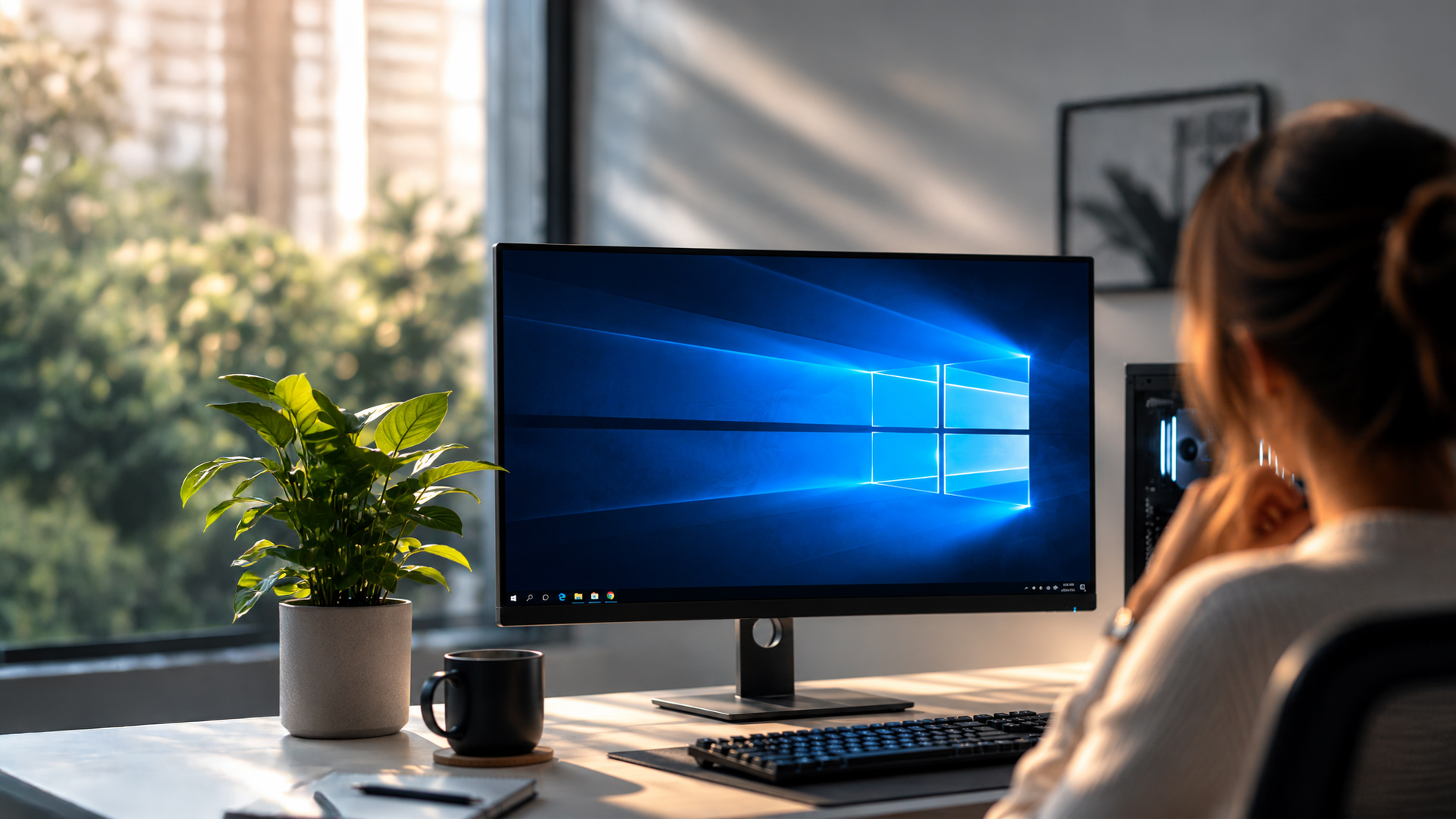 Employee using a Windows 10 desktop PC while working at an office desk.